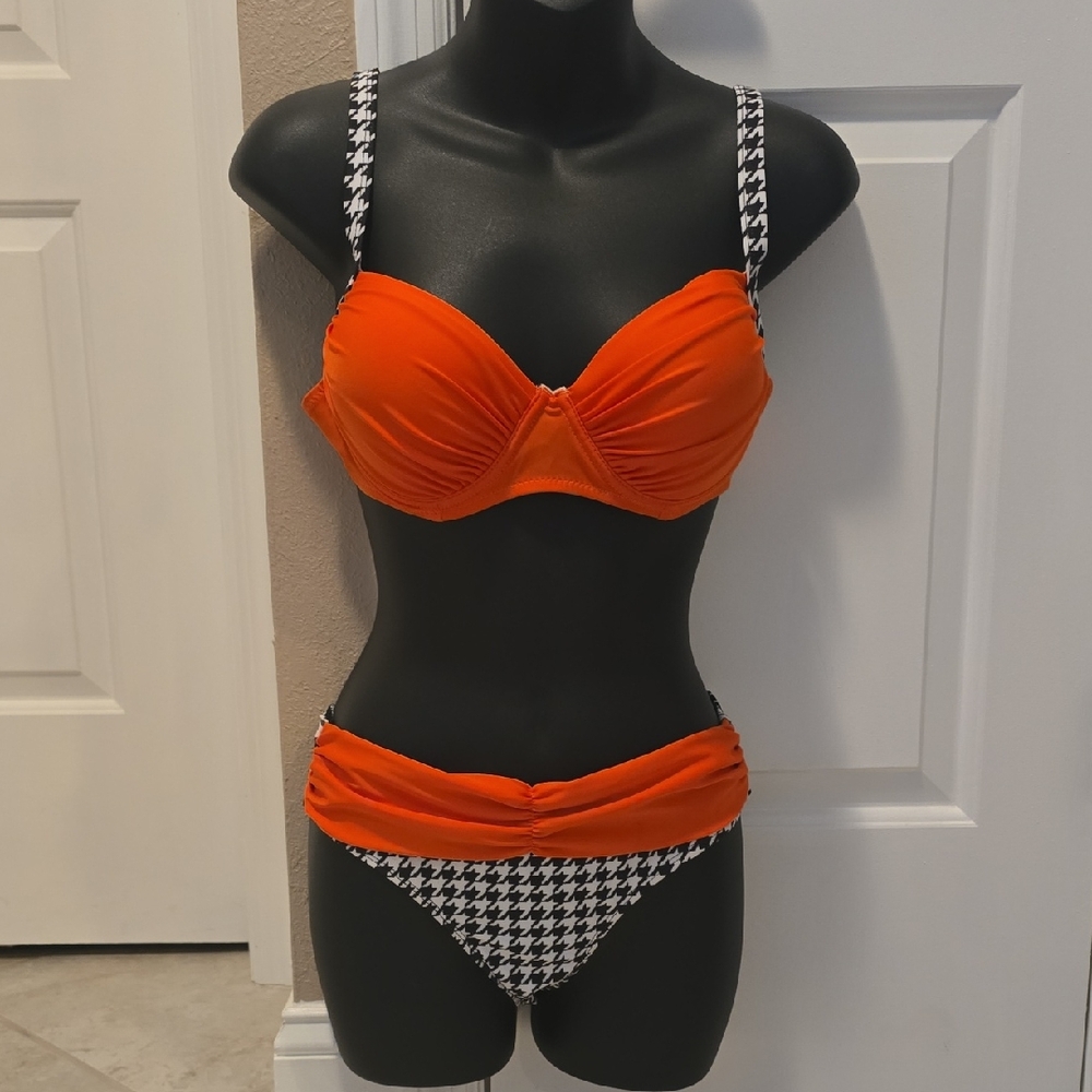Orange and Black Houndstooth Bikini Set